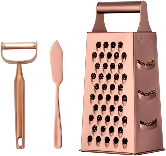 4 Sides Box Grater For Kitchen,Stainless Steel Cheese Grater With Handle,Multi-Function Vegetable Slicer Food Shredder For Chees,Ginger,Vegetables,Rose Gold