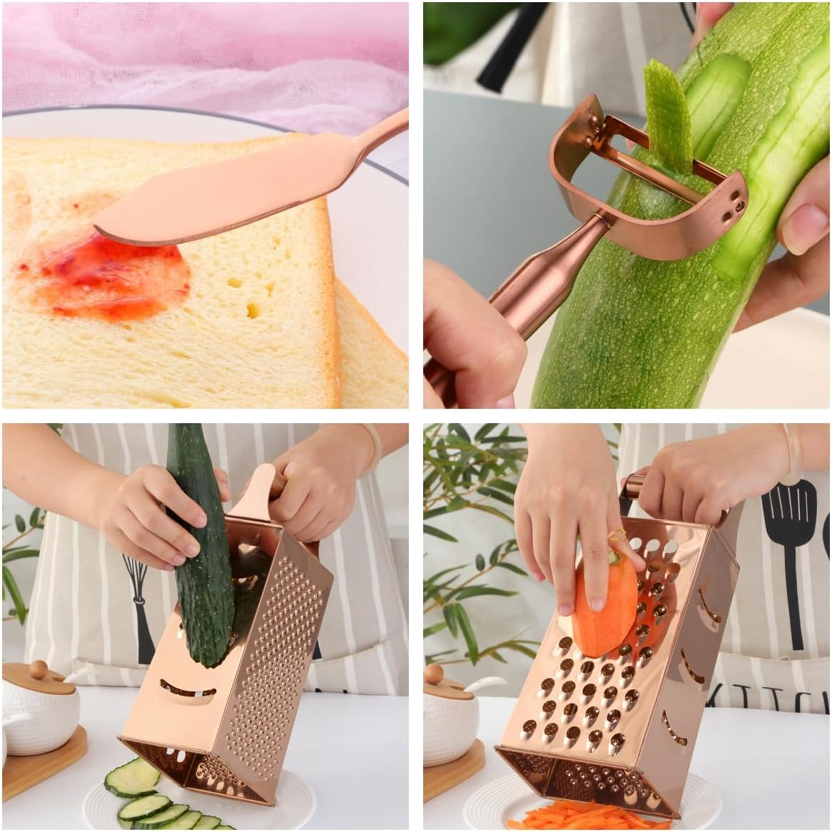 4 Sides Box Grater For Kitchen,Stainless Steel Cheese Grater With Handle,Multi-Function Vegetable Slicer Food Shredder For Chees,Ginger,Vegetables,Rose Gold