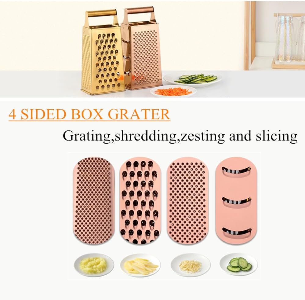 4 Sides Box Grater For Kitchen,Stainless Steel Cheese Grater With Handle,Multi-Function Vegetable Slicer Food Shredder For Chees,Ginger,Vegetables,Rose Gold
