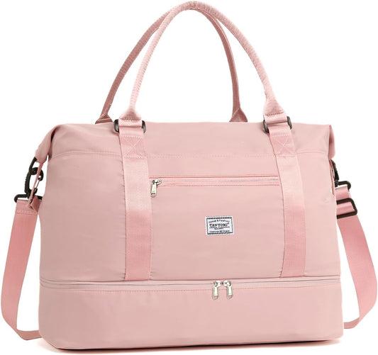 TANTOMI Travel Duffle Bag for Women Personal Item Travel Bag with Shoes Compartment, Weekender Overnight Bag Carry On Duffle Bag Tote Gym Bag for Travel, Sports, Hospital, Dance, Pink
