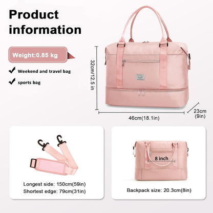 TANTOMI Travel Duffle Bag for Women Personal Item Travel Bag with Shoes Compartment, Weekender Overnight Bag Carry On Duffle Bag Tote Gym Bag for Travel, Sports, Hospital, Dance, Pink