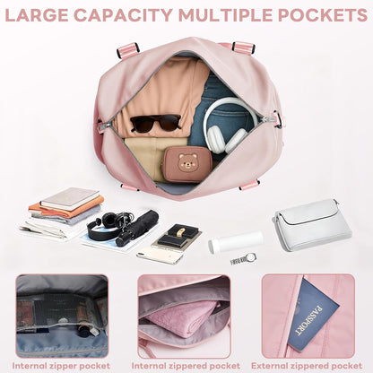 TANTOMI Travel Duffle Bag for Women Personal Item Travel Bag with Shoes Compartment, Weekender Overnight Bag Carry On Duffle Bag Tote Gym Bag for Travel, Sports, Hospital, Dance, Pink