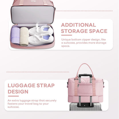 TANTOMI Travel Duffle Bag for Women Personal Item Travel Bag with Shoes Compartment, Weekender Overnight Bag Carry On Duffle Bag Tote Gym Bag for Travel, Sports, Hospital, Dance, Pink
