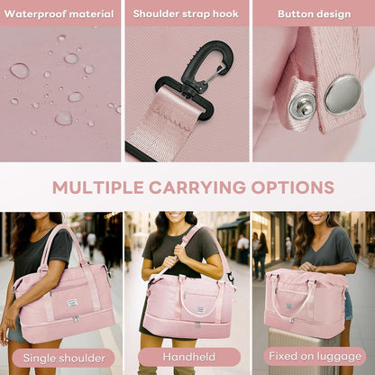 TANTOMI Travel Duffle Bag for Women Personal Item Travel Bag with Shoes Compartment, Weekender Overnight Bag Carry On Duffle Bag Tote Gym Bag for Travel, Sports, Hospital, Dance, Pink