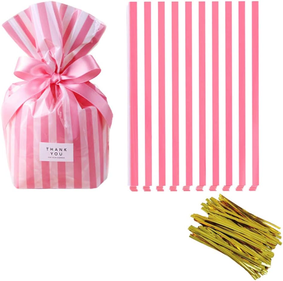 Pink Stripe Clear Cello Candy Favor Bags,Cellophane Cookie Treat Plastic Bags,With Gold Twist Ties, Pack of 50