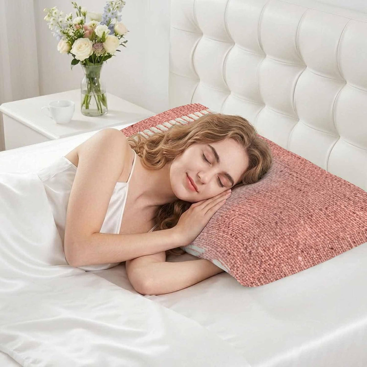 Peach Pink Texture Satin Pillowcases with Zipper Cal King Size Cooling Silk Pillow Cases for Hair and Skin Smooth Soft Country Farmhouse Burlap Stripes Throw Pillow Covers for Women Men 20x40 Inch