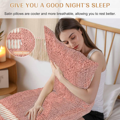 Peach Pink Texture Satin Pillowcases with Zipper Cal King Size Cooling Silk Pillow Cases for Hair and Skin Smooth Soft Country Farmhouse Burlap Stripes Throw Pillow Covers for Women Men 20x40 Inch