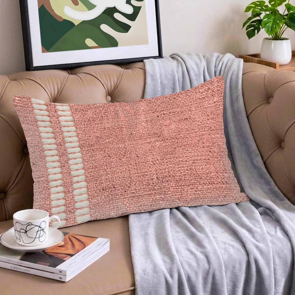 Peach Pink Texture Satin Pillowcases with Zipper Cal King Size Cooling Silk Pillow Cases for Hair and Skin Smooth Soft Country Farmhouse Burlap Stripes Throw Pillow Covers for Women Men 20x40 Inch
