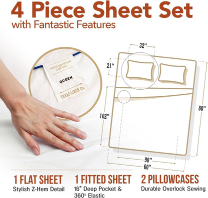. Egyptian Cotton Sheets Queen Size - 600 Series Queen Sheets Set (4 PC, Peach), 16" Deep Pocket, Soft, Cooling & Durable Sateen Weave Luxury Hotel Bedding - Texan Talkin' Collection