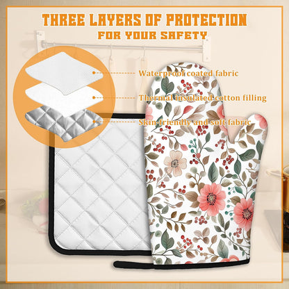 Pink Poppy Floral Oven Mitts and Pot Holders Set,Berry Kitchen Decor Heat Resistant Non Slip Hot Pads and Oven Mitt for Chef Cooking Baking BBQ Mom Girl Gifts(4 Piece Set)
