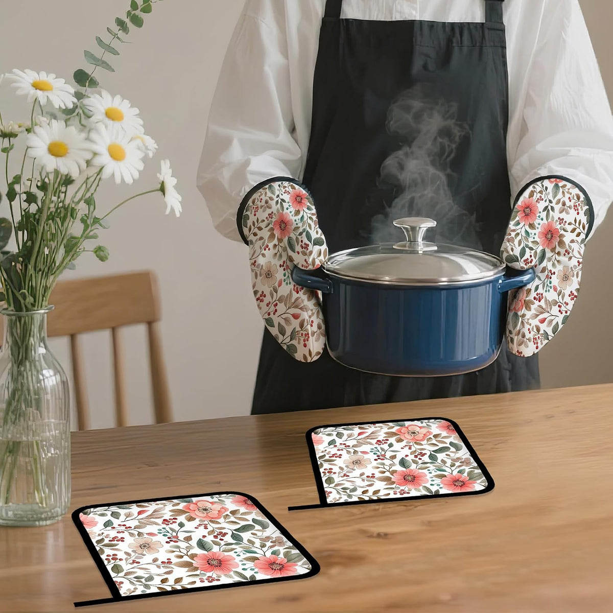 Pink Poppy Floral Oven Mitts and Pot Holders Set,Berry Kitchen Decor Heat Resistant Non Slip Hot Pads and Oven Mitt for Chef Cooking Baking BBQ Mom Girl Gifts(4 Piece Set)
