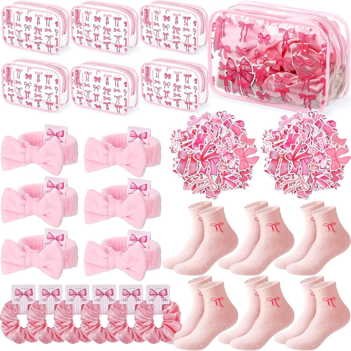 127 Pcs Pink Bows Sleepover Party Favor Supplies 6 Pink Coquette Preppy Makeup Bag 6 Hair Scrunchies Ties 6 Bow Socks 6 Headbands and Sticker Gifts Bulk for Women Bridal Shower