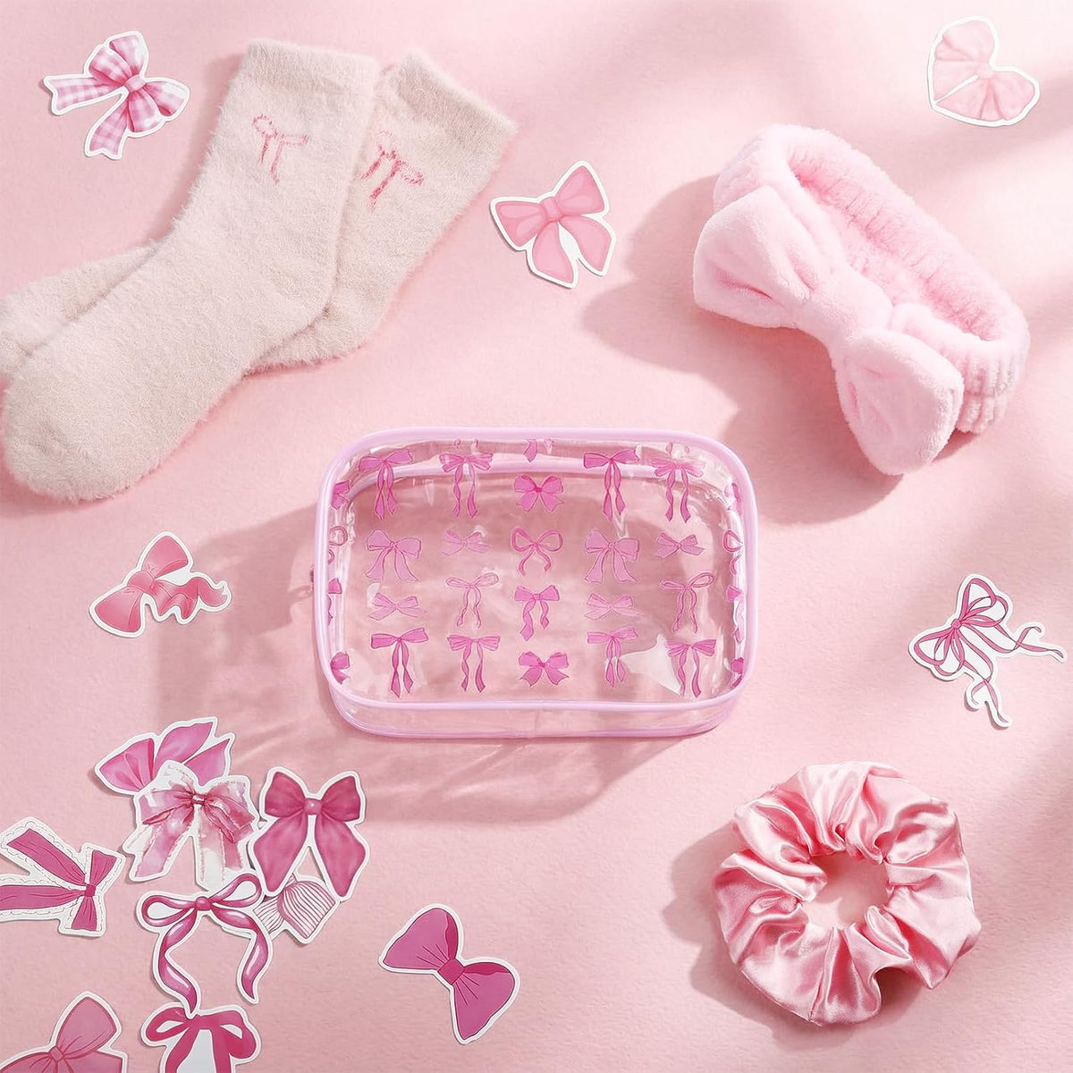 127 Pcs Pink Bows Sleepover Party Favor Supplies 6 Pink Coquette Preppy Makeup Bag 6 Hair Scrunchies Ties 6 Bow Socks 6 Headbands and Sticker Gifts Bulk for Women Bridal Shower