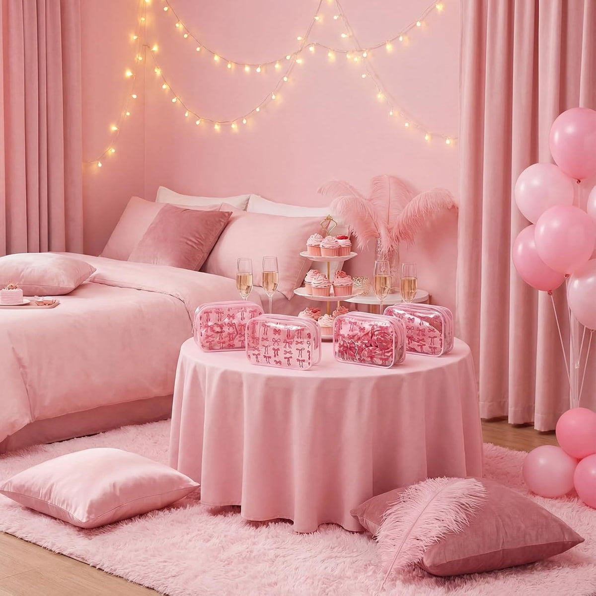 127 Pcs Pink Bows Sleepover Party Favor Supplies 6 Pink Coquette Preppy Makeup Bag 6 Hair Scrunchies Ties 6 Bow Socks 6 Headbands and Sticker Gifts Bulk for Women Bridal Shower