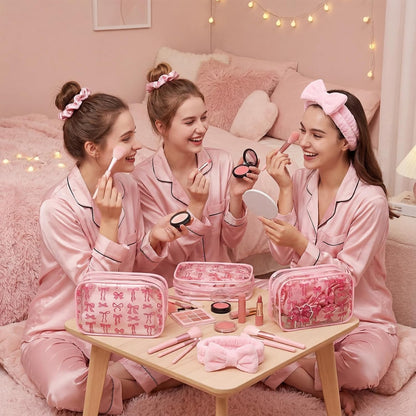 127 Pcs Pink Bows Sleepover Party Favor Supplies 6 Pink Coquette Preppy Makeup Bag 6 Hair Scrunchies Ties 6 Bow Socks 6 Headbands and Sticker Gifts Bulk for Women Bridal Shower
