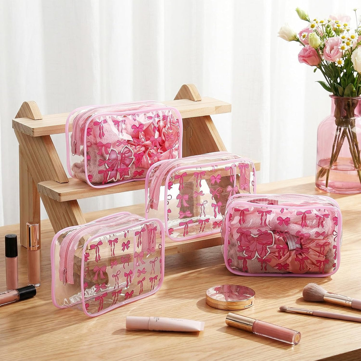 127 Pcs Pink Bows Sleepover Party Favor Supplies 6 Pink Coquette Preppy Makeup Bag 6 Hair Scrunchies Ties 6 Bow Socks 6 Headbands and Sticker Gifts Bulk for Women Bridal Shower