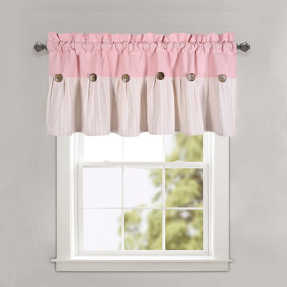 Farmhouse Rustic Pink Cotton Blend Valance Curtain, Striped Pleated Design with Coconut Buttons, Multi-Room Window Treatment for Kitchen, Living Room, Bedroom, 52" W x 18" L