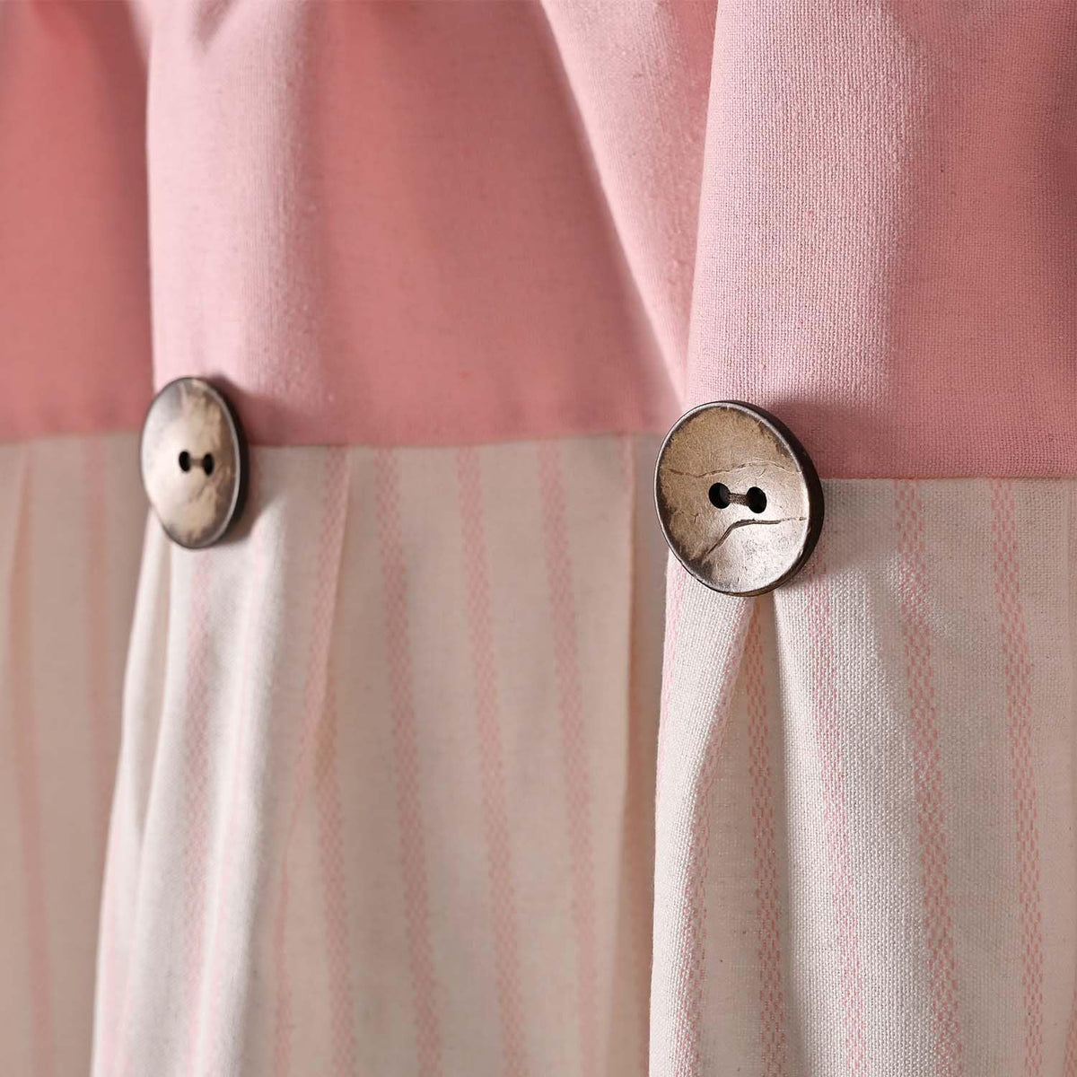 Farmhouse Rustic Pink Cotton Blend Valance Curtain, Striped Pleated Design with Coconut Buttons, Multi-Room Window Treatment for Kitchen, Living Room, Bedroom, 52" W x 18" L