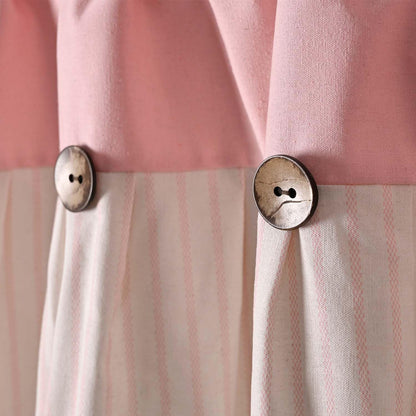 Farmhouse Rustic Pink Cotton Blend Valance Curtain, Striped Pleated Design with Coconut Buttons, Multi-Room Window Treatment for Kitchen, Living Room, Bedroom, 52" W x 18" L