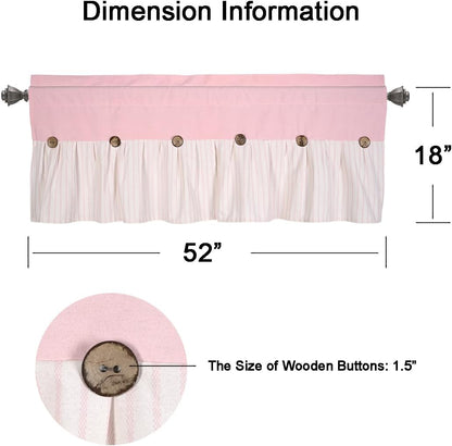 Farmhouse Rustic Pink Cotton Blend Valance Curtain, Striped Pleated Design with Coconut Buttons, Multi-Room Window Treatment for Kitchen, Living Room, Bedroom, 52" W x 18" L