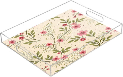 Soft Pink Floral Serving Tray 12" x 16" Acrylic Trays with Handles Decorative Serving Platter for Coffee, Breakfast in Bed, Dinner, Appetizers, Patio, Party