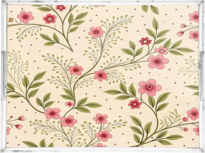 Soft Pink Floral Serving Tray 12" x 16" Acrylic Trays with Handles Decorative Serving Platter for Coffee, Breakfast in Bed, Dinner, Appetizers, Patio, Party