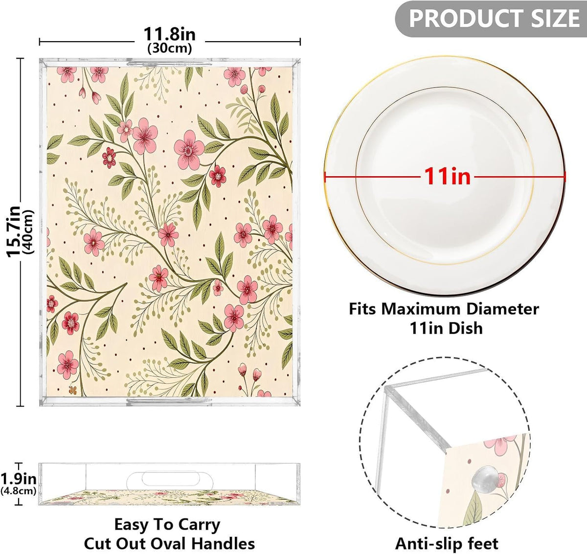 Soft Pink Floral Serving Tray 12" x 16" Acrylic Trays with Handles Decorative Serving Platter for Coffee, Breakfast in Bed, Dinner, Appetizers, Patio, Party