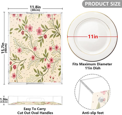 Soft Pink Floral Serving Tray 12" x 16" Acrylic Trays with Handles Decorative Serving Platter for Coffee, Breakfast in Bed, Dinner, Appetizers, Patio, Party
