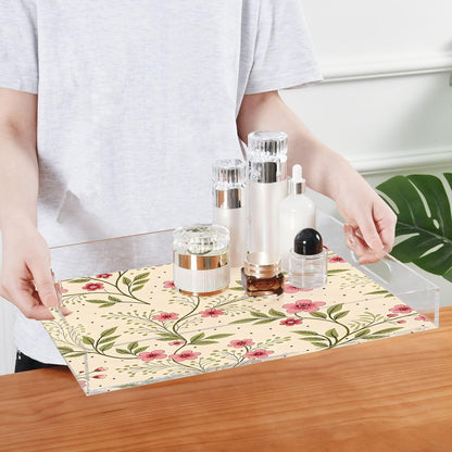 Soft Pink Floral Serving Tray 12" x 16" Acrylic Trays with Handles Decorative Serving Platter for Coffee, Breakfast in Bed, Dinner, Appetizers, Patio, Party