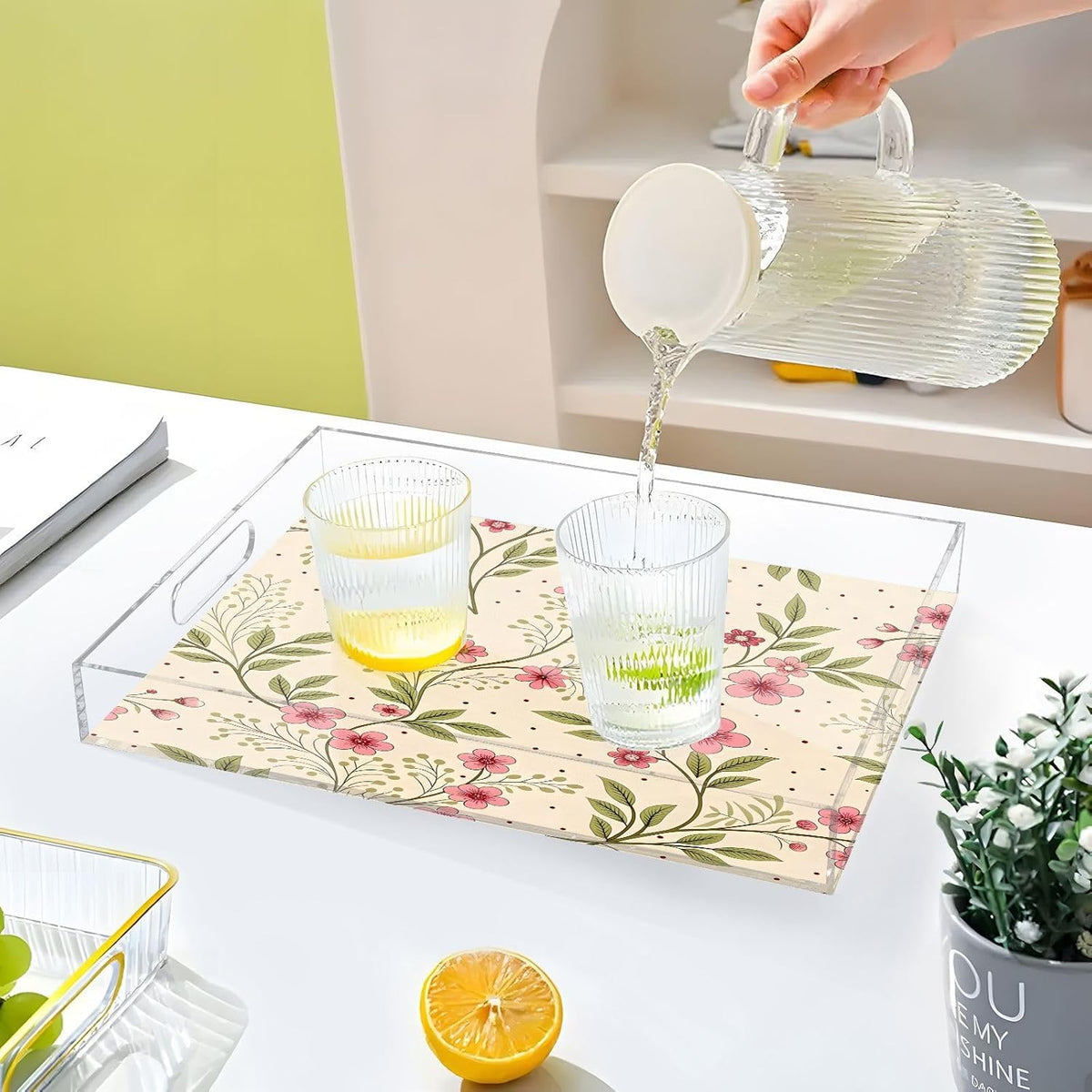Soft Pink Floral Serving Tray 12" x 16" Acrylic Trays with Handles Decorative Serving Platter for Coffee, Breakfast in Bed, Dinner, Appetizers, Patio, Party