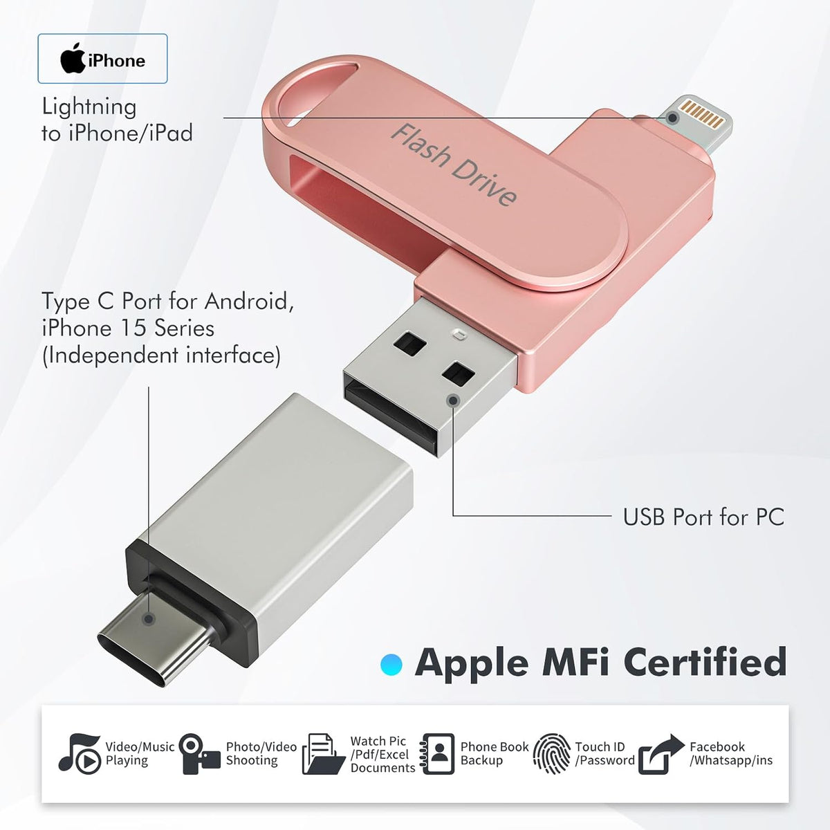 Apple MFi Certified 512GB Photo Stick, Flash Drive for iPhone Memory Stick for Photo/Video Backup Stick, High-Speed USB Stick iPhone Storage Drive Compatible for iPhone/iPad/Android/PC (Pink)