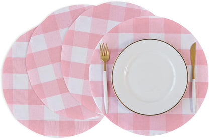 Pink & White Cotton Buffalo Check Plaid Round Placemat, Set of 4, 15 Inch eco-Friendly Fabric Handcrafted Machine Washable Indoor & Outdoor Tablemat