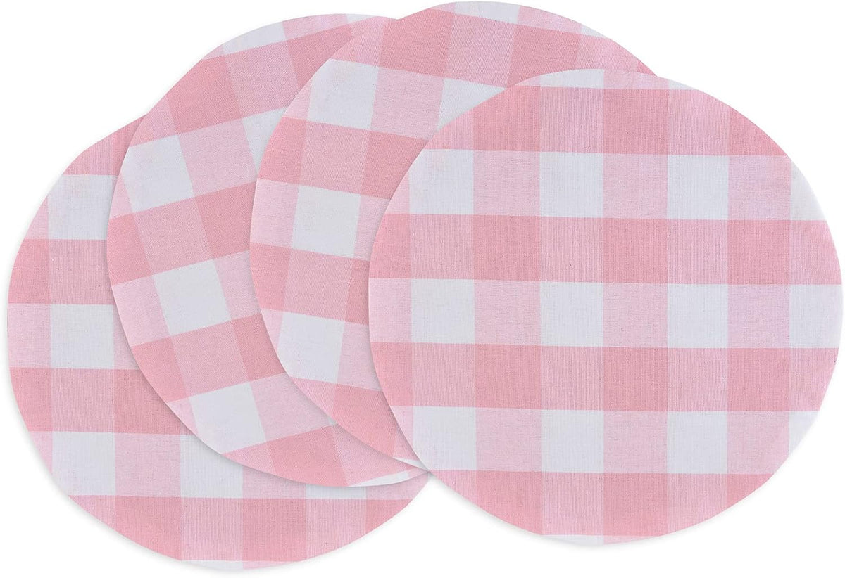 Pink & White Cotton Buffalo Check Plaid Round Placemat, Set of 4, 15 Inch eco-Friendly Fabric Handcrafted Machine Washable Indoor & Outdoor Tablemat