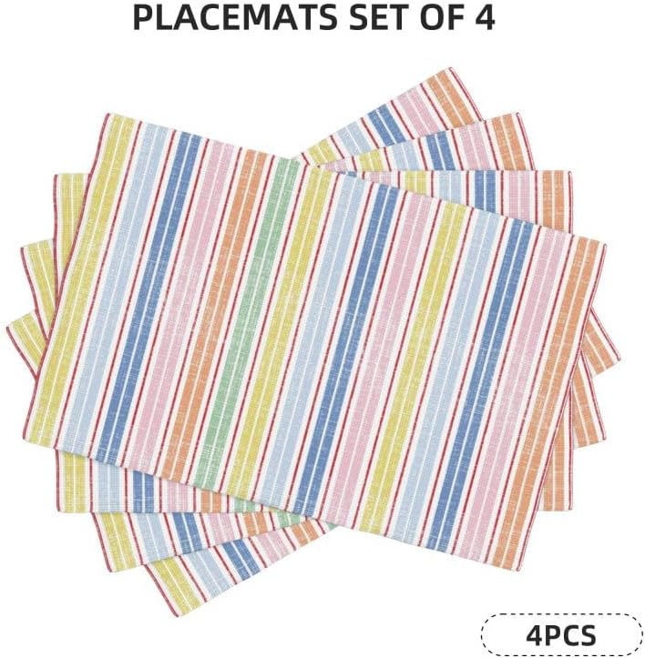 Stripe Placemat Set, Pink White Colourful Streaks Line Repeating Pastel Pattern Home Decor Linen Table Mats for Dining Room Kitchens Party Cafe Festive Banquet Wedding Decor, 18" L x 12" W【4 PCS】