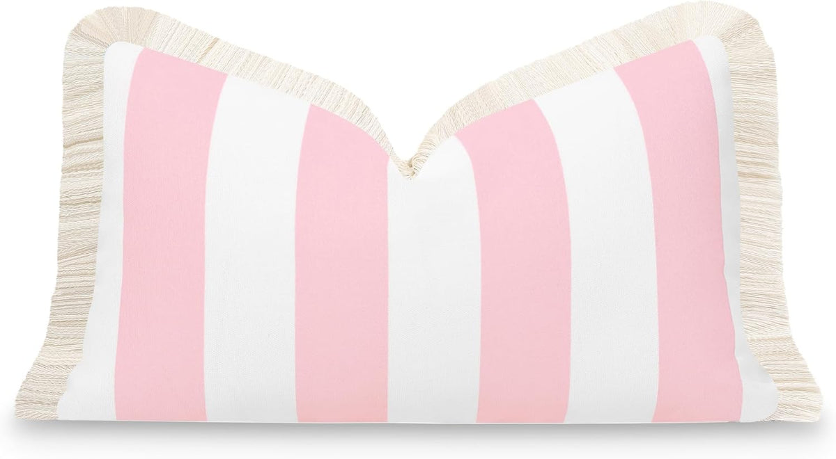 Coastal Patio Indoor Outdoor Lumbar Pillow Cover Only, 12"x20" Water Repellent for Backyard, Couch, Blush Pink Stripe Fringe