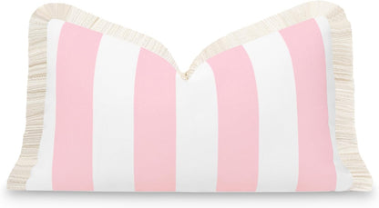 Coastal Patio Indoor Outdoor Lumbar Pillow Cover Only, 12"x20" Water Repellent for Backyard, Couch, Blush Pink Stripe Fringe