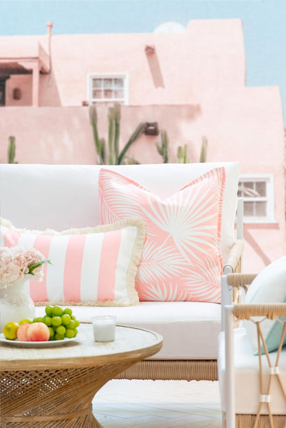 Coastal Patio Indoor Outdoor Lumbar Pillow Cover Only, 12"x20" Water Repellent for Backyard, Couch, Blush Pink Stripe Fringe
