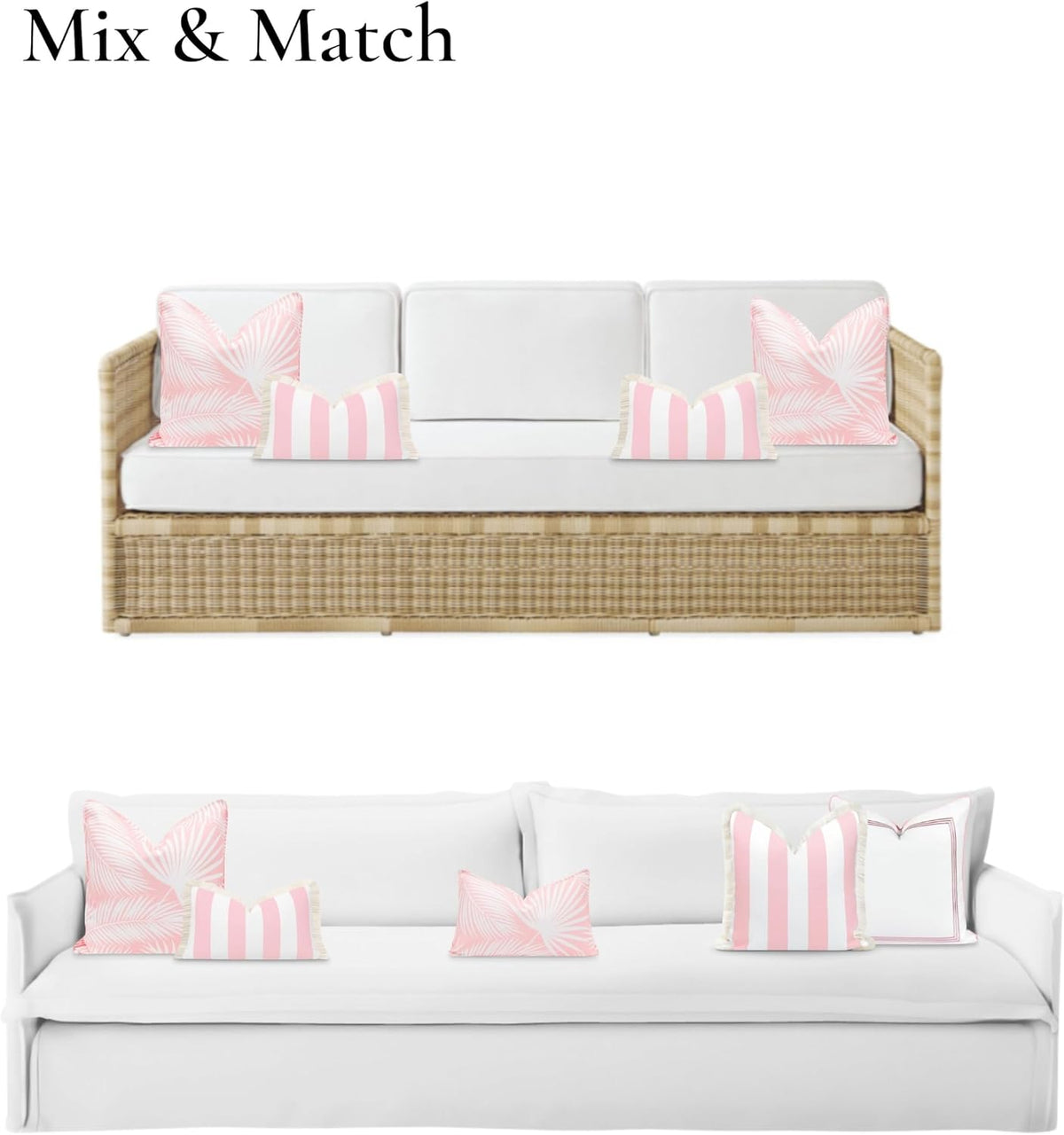 Coastal Patio Indoor Outdoor Lumbar Pillow Cover Only, 12"x20" Water Repellent for Backyard, Couch, Blush Pink Stripe Fringe