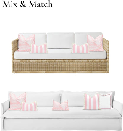 Coastal Patio Indoor Outdoor Lumbar Pillow Cover Only, 12"x20" Water Repellent for Backyard, Couch, Blush Pink Stripe Fringe
