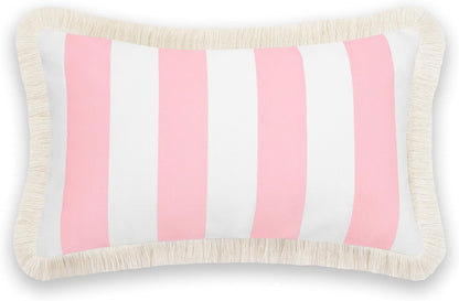 Coastal Patio Indoor Outdoor Lumbar Pillow Cover Only, 12"x20" Water Repellent for Backyard, Couch, Blush Pink Stripe Fringe