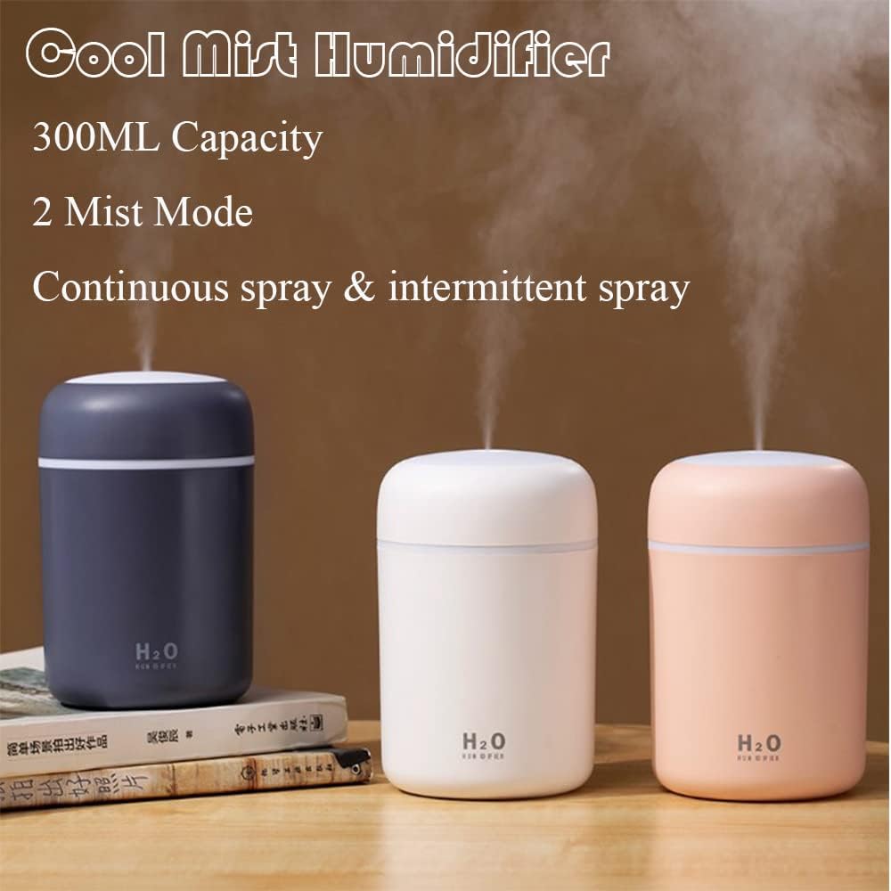 Portable Mini Humidifier, 300ml with Colorful LED Night Light, USB Personal Desktop Humidifier for Car Office Home Travel, Auto Shut-Off, 2 Mist Modes, Super Quiet(pink)