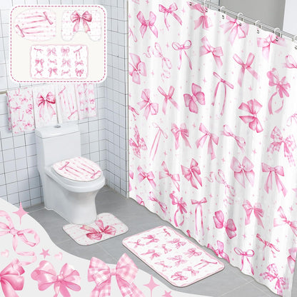 8 Pcs Pink Shower Curtain Sets for Bathroom Decor Cute Coquette Bathroom Accessories Bow Knot Aesthetic Girly Shower Curtain Sets with Towels Carpet Bath Mat Toilet Rugs and 12 Hooks