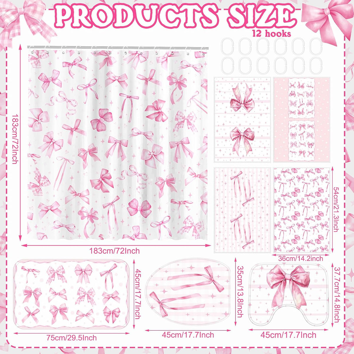 8 Pcs Pink Shower Curtain Sets for Bathroom Decor Cute Coquette Bathroom Accessories Bow Knot Aesthetic Girly Shower Curtain Sets with Towels Carpet Bath Mat Toilet Rugs and 12 Hooks