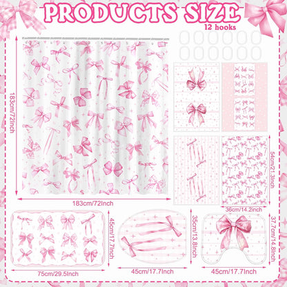 8 Pcs Pink Shower Curtain Sets for Bathroom Decor Cute Coquette Bathroom Accessories Bow Knot Aesthetic Girly Shower Curtain Sets with Towels Carpet Bath Mat Toilet Rugs and 12 Hooks