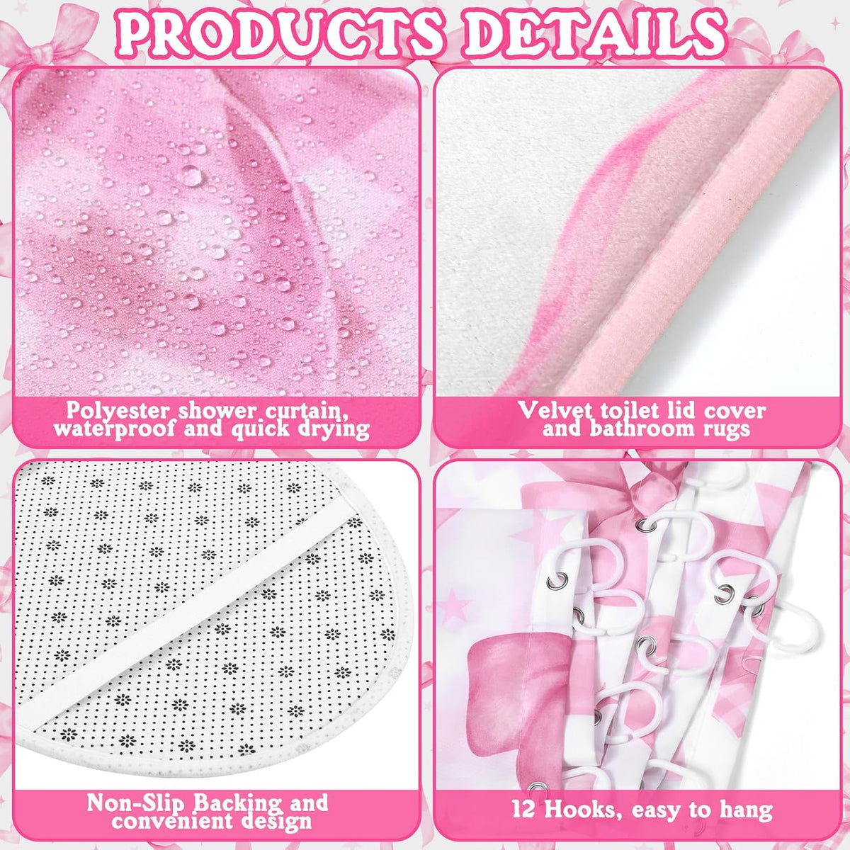 8 Pcs Pink Shower Curtain Sets for Bathroom Decor Cute Coquette Bathroom Accessories Bow Knot Aesthetic Girly Shower Curtain Sets with Towels Carpet Bath Mat Toilet Rugs and 12 Hooks