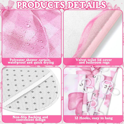 8 Pcs Pink Shower Curtain Sets for Bathroom Decor Cute Coquette Bathroom Accessories Bow Knot Aesthetic Girly Shower Curtain Sets with Towels Carpet Bath Mat Toilet Rugs and 12 Hooks