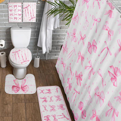 8 Pcs Pink Shower Curtain Sets for Bathroom Decor Cute Coquette Bathroom Accessories Bow Knot Aesthetic Girly Shower Curtain Sets with Towels Carpet Bath Mat Toilet Rugs and 12 Hooks