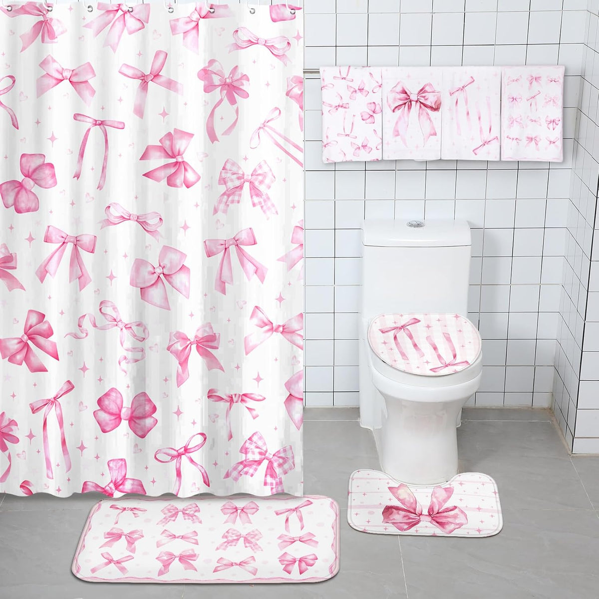 8 Pcs Pink Shower Curtain Sets for Bathroom Decor Cute Coquette Bathroom Accessories Bow Knot Aesthetic Girly Shower Curtain Sets with Towels Carpet Bath Mat Toilet Rugs and 12 Hooks