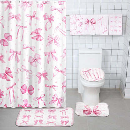 8 Pcs Pink Shower Curtain Sets for Bathroom Decor Cute Coquette Bathroom Accessories Bow Knot Aesthetic Girly Shower Curtain Sets with Towels Carpet Bath Mat Toilet Rugs and 12 Hooks