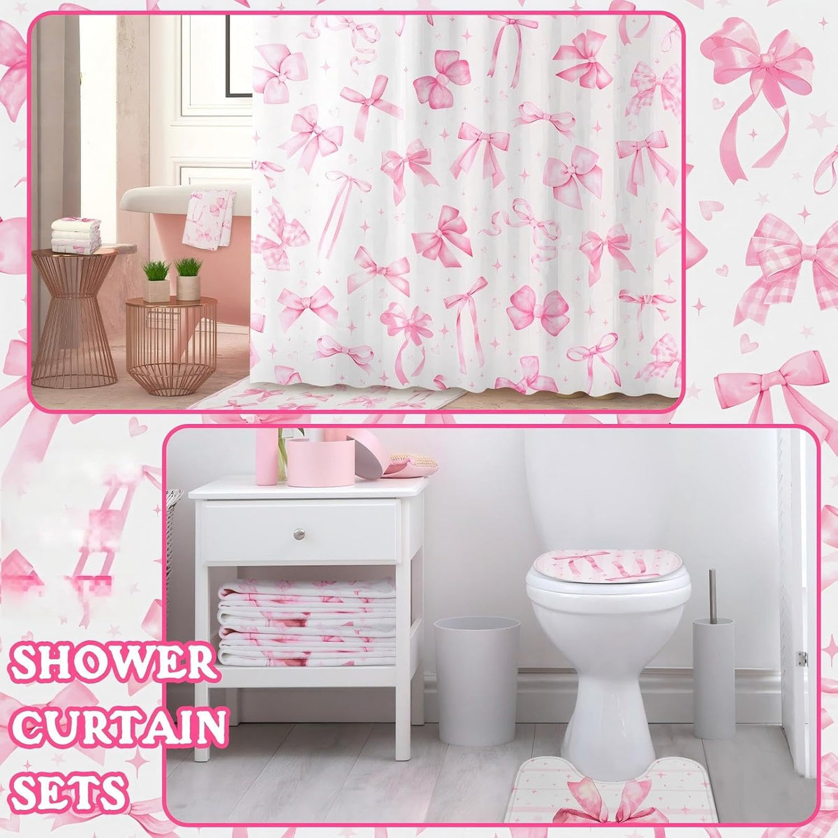 8 Pcs Pink Shower Curtain Sets for Bathroom Decor Cute Coquette Bathroom Accessories Bow Knot Aesthetic Girly Shower Curtain Sets with Towels Carpet Bath Mat Toilet Rugs and 12 Hooks